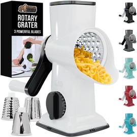 GORILLA GRIP Slip-Resistant Rotary Cheese Grater with 3 Interchangeable Blades to Shred Slice and Grate, Hand Crank Vegetable Chopper Mandolin, Slicer for Veggie Onion, Home and Kitchen Gadgets, White