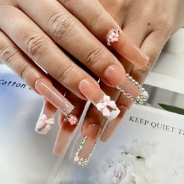 CECOBAG Long Presser Nails with 3D Bow Fake Nails, Luxury Rhinestone Acrylic Nails, Pink Glitter Artificial Nails, Reusable 24pcs
