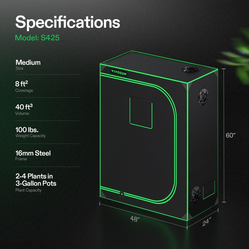 VIVOSUN S425 4x2 Grow Tent, 48"x24"x60" High Reflective Mylar with