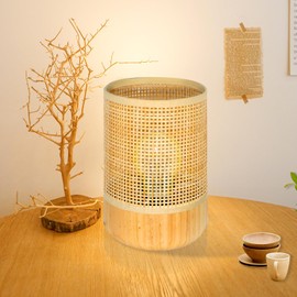 YASTLY Bamboo Woven Table Lamp with Natural Wood Base, Small Wicker Desktop Nightstand Lamp Accent Lamp for Kids Room,Living Room,Bedroom,Dorm Decor