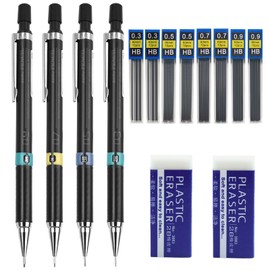 14 Piece Mechanical Pencil Set, 0.3/0.5/0.7/0.9 Mechanical Pencil Lead Pencils, Children's Lead Pencil, Metal Automatic Pencils with 8 Pencil Leads, HB 2 Eraser for Writing, Drawing