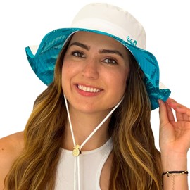 Women’s Beach Hat with Wide Brim Packable for Travel, UV Protection UPF50+ Tropical Summer Hat Pineapple Cord Lock Bucket Hat (Blue Palm Tree)