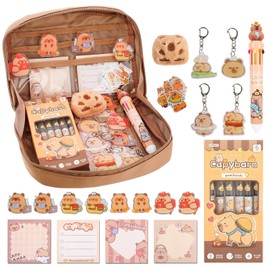 Lebaley Cute Capybara Pencil Case with 90° Wide Opening Mouth Pencil Pouch,Kawaii Stationery Set,Capybara School Supplies,Capybara Gifts Include Key Chains,Clips,Pens,Sticky Notes,Stickers and Bag