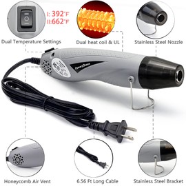 Floweryocean 350W Mini Heat Gun 2 Temp 350°C/662°F + 6.6Ft Long Cord + 55 pcs 4:1 Black Heat Shrink Tube For Craft Repair Wire Cable Soften Epoxy Resin Paint Shrink Wrapping - Grey