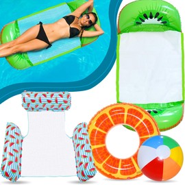 Lubibi Inflatable Pool Float Set with 2 Water Hammock, Swimming Ring, Beach Ball, Portable Fruit Swimming Pool Inflatables, Perfect for Summer Pool Party Decorations, Summer Fun for Famil