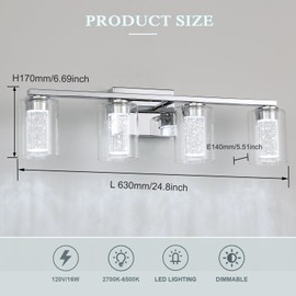 EMONG 4-Light Chrome Bathroom Light Fixtures,Dimmable 5CCT LED Vanity Lights with Clear Glass,2700K-6500K Adjustable Crystal Bubble Bathroom Lights Over Mirror for Hallway,Living Room