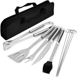 RJ Legend BBQ Grill Tools Set - 9-Piece Stainless Steel with Carrying Case - Perfect Grilling Gift for Men, Dad, Husband - Tongs, Spatula, Fork, Knife, Skewers