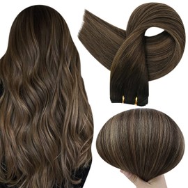 Full Shine Sew in Hair Extensions Human Hair 20 Inch Straight Weft Hair Extensions Color 2 Fading To 8 Ash Brown Mixed 2 Brown Hair Weft Bundles Remy Hair Balayage Sew in Weft 100 Grams