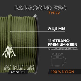 GO!elements 50 m Paracord Rope Made of Tear-Resistant Nylon Cord – Paracord 750 Cord – Suitable as All-Purpose Rope & Cord – Colour: Olive