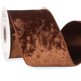 Copper Brown Velvet Wired Ribbon 4 Inch Crushed Velvet Christmas Ribbon for Gift Wrapping Christmas Tree Decoration Crafts Wreaths Supplies-Continuous 10 Yards