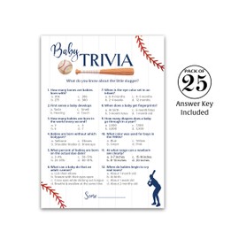 BASEBALL Baby Shower Games — BABY TRIVIA Game — Pack of 25, Rustic Sports Navy Blue BOY Baby Shower Game, Sport Fun Baby Facts Game Baseball Theme Little Slugger Shower Activity G900-TRV