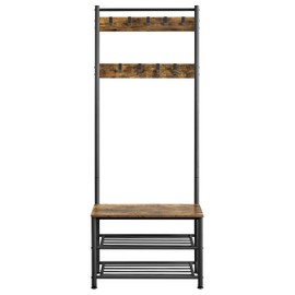YAHEETECH Metal Hall Tree with Shoe Storage Bench Entryway Coat Rack with 2 Shoe Shelves & 9 Movable Hooks, Rustic Brown
