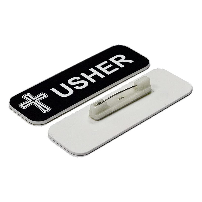 Usher 1 x 3" Name Tag/Badge, Black, Cross Design (3