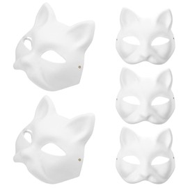 Ciieeo 5PCS Cat Paper Mask White Cat Mask Blank Hand Painted Mache Masks with Elastic Band for DIY Craft Cosplay Masquerade Parties Costume Accessory