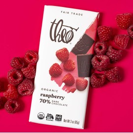 Theo Chocolate Organic Raspberry 70% Dark Chocolate Bar, 3 Ounce Bar, 6 Pack