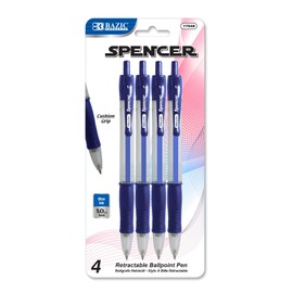 BAZIC Ballpoint Pen Spencer Blue Retractable Pen Soft Barrel Grip Pens, 1.0 mm Bold Point Smooth Writing, for Office School Teacher (4/Pack), 1-Pack