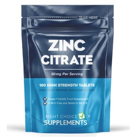 Zinc Citrate 50mg Tablets – 180 High Strength Vegan Tablets (6 Months Supply) – Highly Absorbable Zinc Supplements for Maintenance of Normal Immune System, Bones, Hair, Skin & Nails – Made in UK