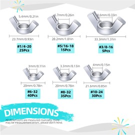 Cimeton 150PCS Wing Nuts Assortment Kits 3/8" 5/16" 1/4" #6#8#10 Galvanized Butterfly Nut Sliver Wing Nuts Fasteners Wingnuts Hand Twist Tighten Ear for Home Building Industry