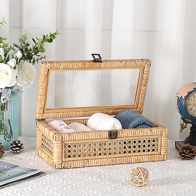 IGNPION Rattan Decorative Box with Lid, Woven Shelf Storage Basket