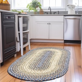 Super Area Rugs Braided Rugs Farmhouse Kitchen Rug - Ridgewood Braided Rug for Living Room - Reversible - Indoor/Outdoor - Made in USA - Blue/Beige, 2' X 4' Oval Runner