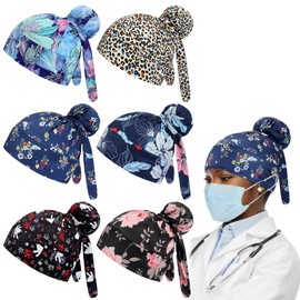 Jamntower 6 Pcs Ponytail Scrub Cap for Long Hair Women Large Surgical Hat with Button Bouffant Work Hat for Nurse Esthetician(Floral Color,13.4 Inch)