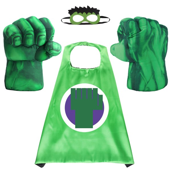 Toydaze Superhero Kids Cape & Plush Hands Fists Gloves Halloween Costume Set,Green