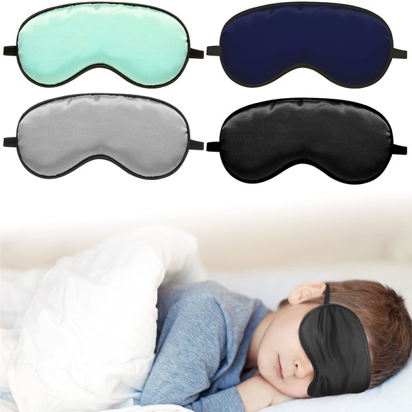 4 Pieces Eye Mask for Sleeping Kids Smooth Silk Soft Eye Cover with Adjustable Strap Blindfold for Sleeping Blocking Out Lights Childhood Kids Gift for Boys Girls (Black, Gray, Blue, Green)