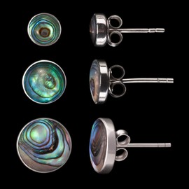 Fly Style 925 Silver Stud Earrings with Shell Inlays, 8 Models, 6 to 12 mm Wide, Silver, blue
