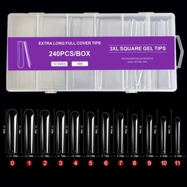 JZK 240x XXXL Clear false nails set, extra long full cover tapered square nail tips for acrylic and gel nails, 3XL transparent fake finger nail extension, manicure salon, DIY press on nail art