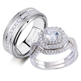Newshe Jewellery Wedding Ring Sets for Him and Her AAAAA Cz Matching Promise Rings for Couples 925 Women Mens Tungsten Band Size 9&6