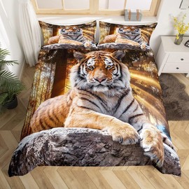 Homemissing Tiger Bed Linen Safari Tiger Duvet Cover 140 x 200 cm Kids Boys Wild Animals Bedding Set Soft Microfibre Duvet Cover