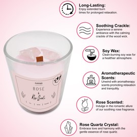 Rose Scented Soy Candle with Rose Quartz Crystals - Extra Large 12 oz, Long-Lasting, Wooden Wick, Calming, Relaxing Crackle by Puddles