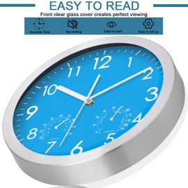 WOOPHEN 12“ Silent Wall Clock, Battery Operated Non Ticking Glass Cover Silver Aluminum Frame Wall Clocks for Office, Home, Bathroom, Kitchen, Bedroom, School, Living Room (Blue)