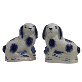 SYNWISH Vintage-Inspired Blue & white Ceramic Pair of Bunnies Figurines 6.7", Charming Collectibles Porcelain Easter Bunny Rabbit Statue Decor,Good Gift Idea Home Table Desktop Décor- Set of 2