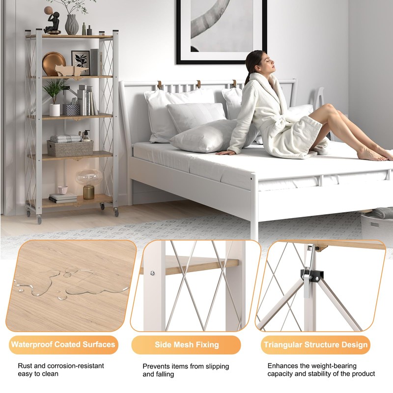Yuanjimi 5-Tier Foldable Storage Shelves with Wheels, Folding Metal Shelf