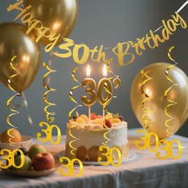 Melhope 30th Birthday Party Decorations Gold Happy Birthday Bunting Banner with 6pcs Hanging Swirls Streamers for Men Women Party Decor Supplies