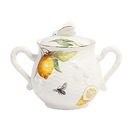 Sizikato Porcelain Sugar Bowl with Lid, 10oz Sugar Service Bowl for Tea Coffee Milk. Lemon and Bee Pattern