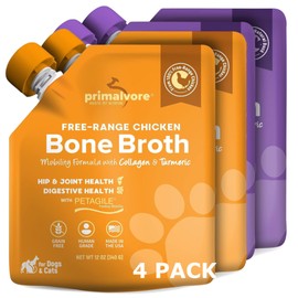 Primalvore Free-Range Bone Broth for Dogs &Cats, Mobility Formula w/Collagen Peptides to Help Support Hip & Joints, Digestion, Skin & Coat and Hydration, Human Grade, Mix 4 Pack Chicken and Duck