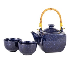 Porcelain Tea Set 30 fl oz Tea Pot with 2 Tea Cups Set With Infuser Strainer and Bamboo Top Handle Reactive Glazed Tea Ceremony Japanese Style (Navy Blue)