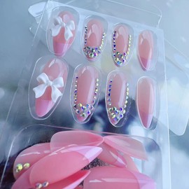 24Pcs French Tip Press on Nails with Rhinestone Bow Design French Nails Press ons Cute Bow Stick on Nails Short Acrylic Sparkly False Nails Gel Glue on Nails for Women Girls