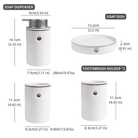 BosilunLife Ceramic Bathroom Accessories Sets of 4, Bathroom Soap Dispenser and Toothbrush Holder Set, Soap Dish, Bathroom Sets (White with Silver-Liquid)