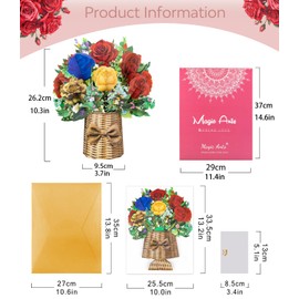 Rose Pop-Up Card | 3D Flower Bouquet with Bright Red Rose | Paper Woven Basket Design | for Birthdays, Mother's Day Anniversaries, or Just Because | Includes Envelope & Blank Notecard