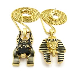 Shiny Jewelers USA Mens Ancient Egyptian Anubis Pharaoh Ankh Cross Hip Hop Pendant Box Chain Necklace Set (Anubis, Pharaoh Set)