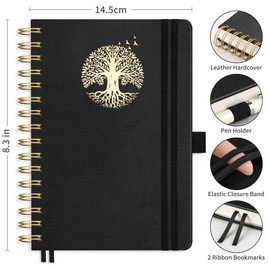 RETTACY Notebook A5 Bullet Dot Journals-Hardback Leather Grid Dotted Journal,Spiral Sketchbook 300 Pages Notepad for Work School,100gsm Thick Paper,Bookmark, Stencils, Inner Pocket - Black