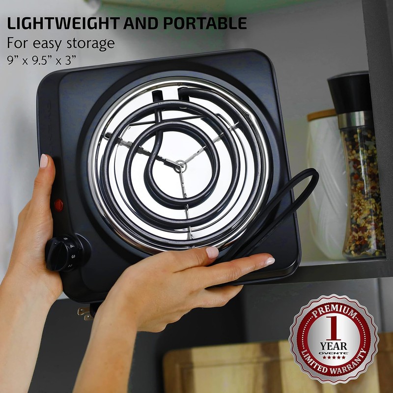 OVENTE Electric Countertop Single Burner, 1000W Cooktop with 6" Stainless