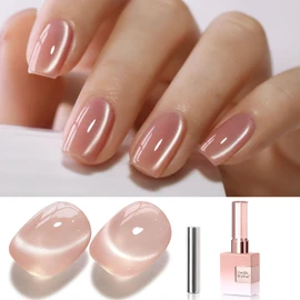 Double Rhythm 0.5 Oz Cat Eye Gel Polish with Magnet Same Color Same Bottle Holographic Glitter Shimmer Translucent Color Salon 15 ML Magnetic Nail Art (Peach Pink-MC1149)