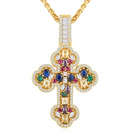 Legit Bling Gothic Cross Pendant Necklace for Men, White Gold Plated Iced Out with Colorful CZ, Religious Hip Hop Faith Pendant - Ideal Christian Gifts for Him Her (Yellow Gold)