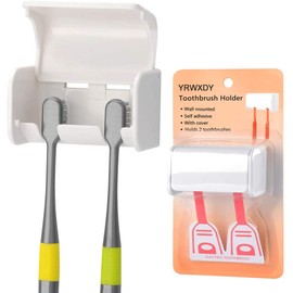 Toothbrush Holder Wall Mounted with Cover, Self Adhesive Toothbrushes Holder Perfect for Dorm Bathrooms and Shower, Holds 2 Toothbrushes