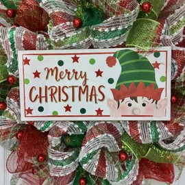 Merry Christmas Wreath With Peeking Elf Handmade Deco Mesh