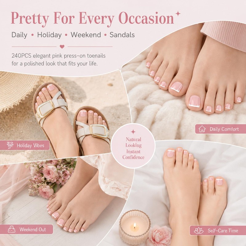 240PCS Pink False Toenails, French Style Press on Toe Nails